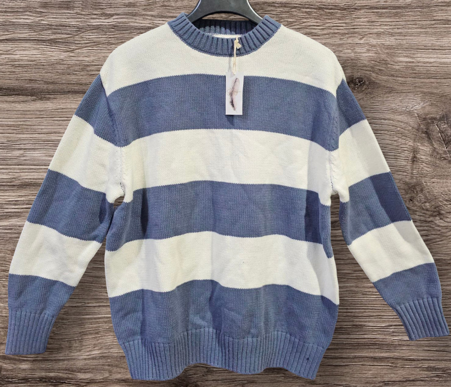 JESSICA SIMPSON BLUE & WHITE STRIPED CREWNECK SWEATER - SIZE MEDIUM
