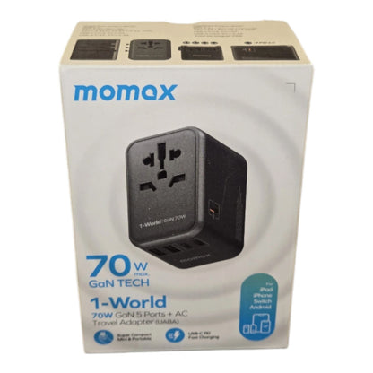 Momax 1-World 70w GaN Universal Travel UK EU AU US Multi Plug Adapter - Black
