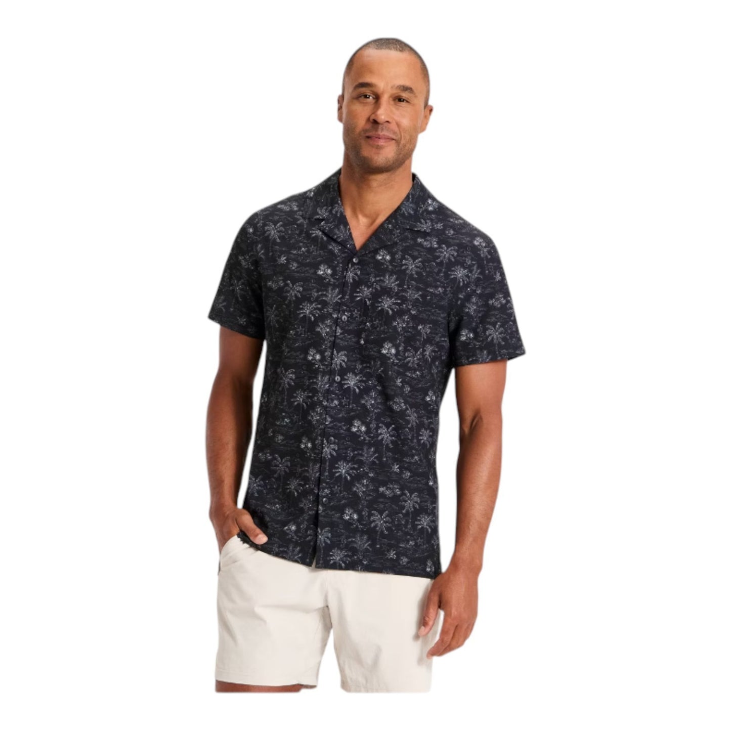 Men's Frond Print Grid Woven Button-Down Shirt - All In Motion - Black