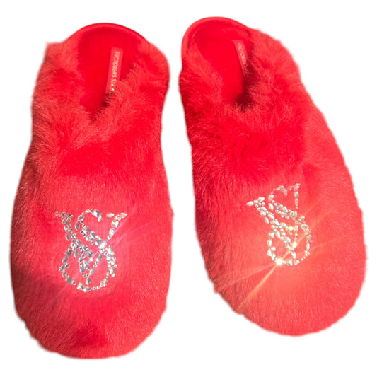 VICTORIA'S SECRET RED FAUX FUR COZY SLIPPERS | BLING VS LOGO | SIZE SMALL