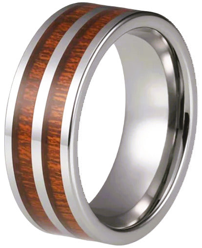 8mm Tungsten Genuine Hawaiian Double Row Koa Wood Comfort Fit Flat Band