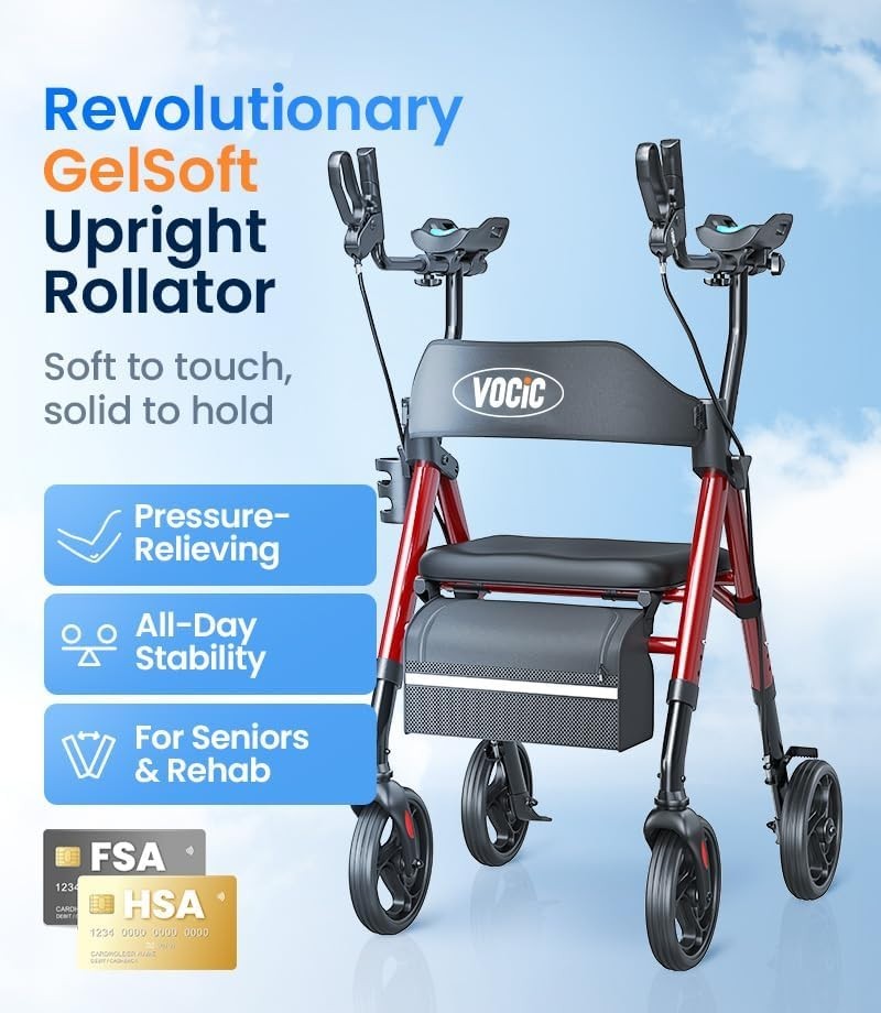 VOCIC Z22 Upright Walkers for Seniors with Seat - Red - GelSoft Stand Up Walker
