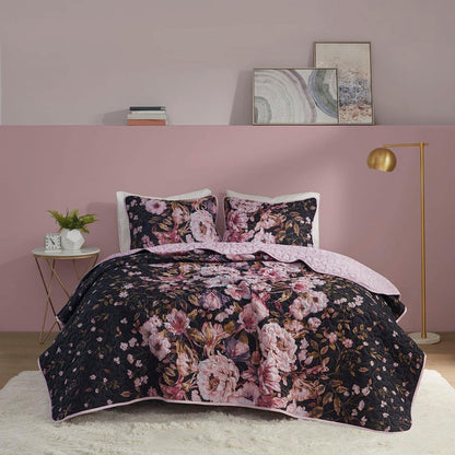 Intelligent Design Polyester Printed Coverlet Set with Black Finish ID13-1865
