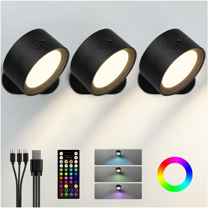 RGB Wall Sconces, Rechargeable Magnetic Lights with Remote, 3 Pack