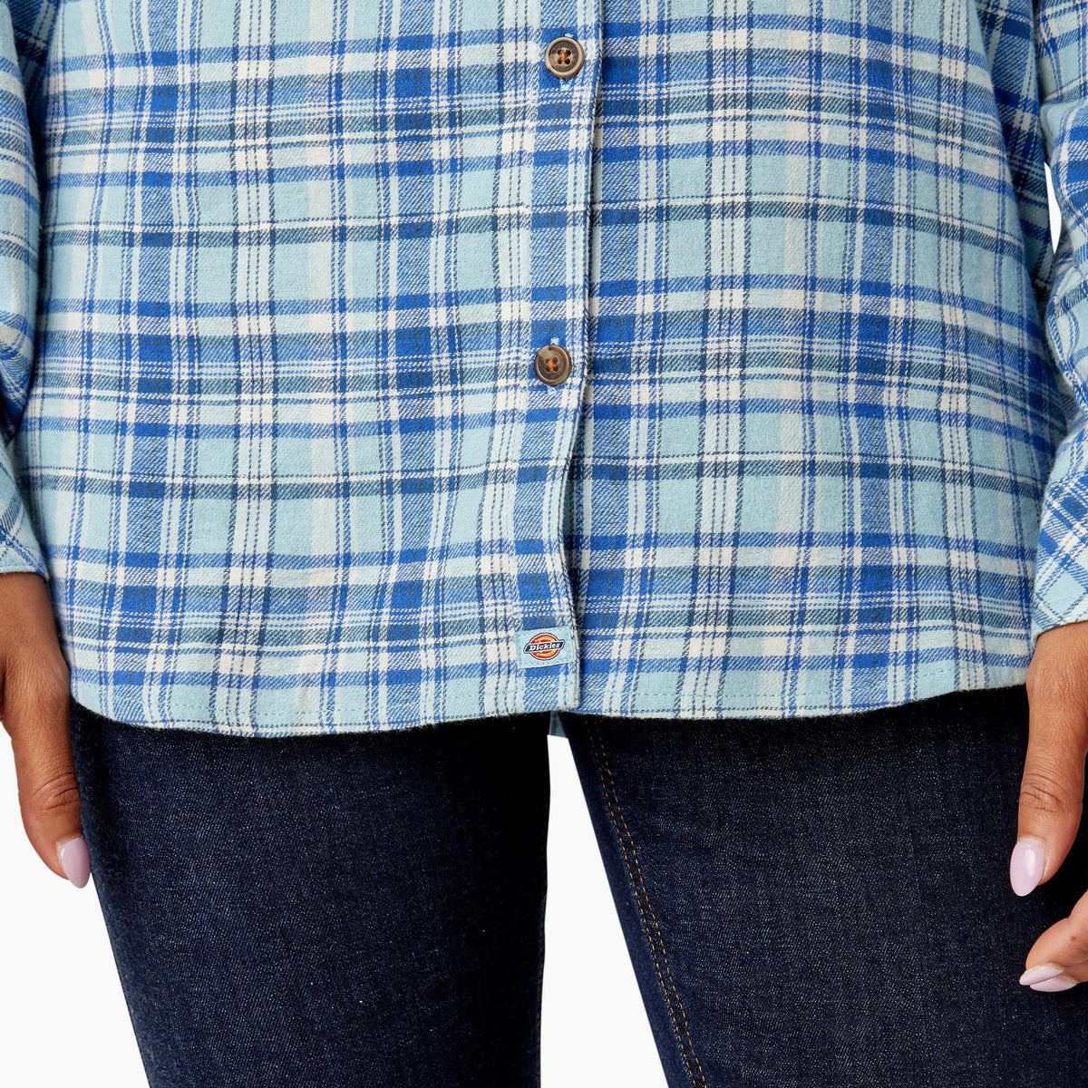 Women's Plaid Flannel Long Sleeve Shirt, Clear Blue Asymetrical Orchard Plaid, M
