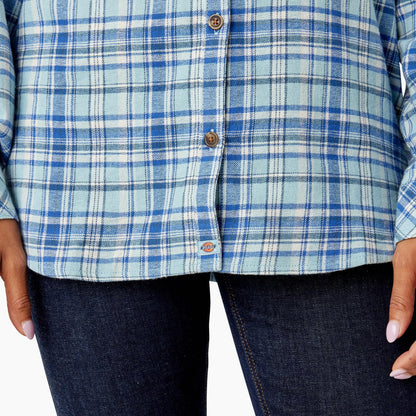 Women's Plaid Flannel Long Sleeve Shirt, Clear Blue Asymetrical Orchard Plaid, M