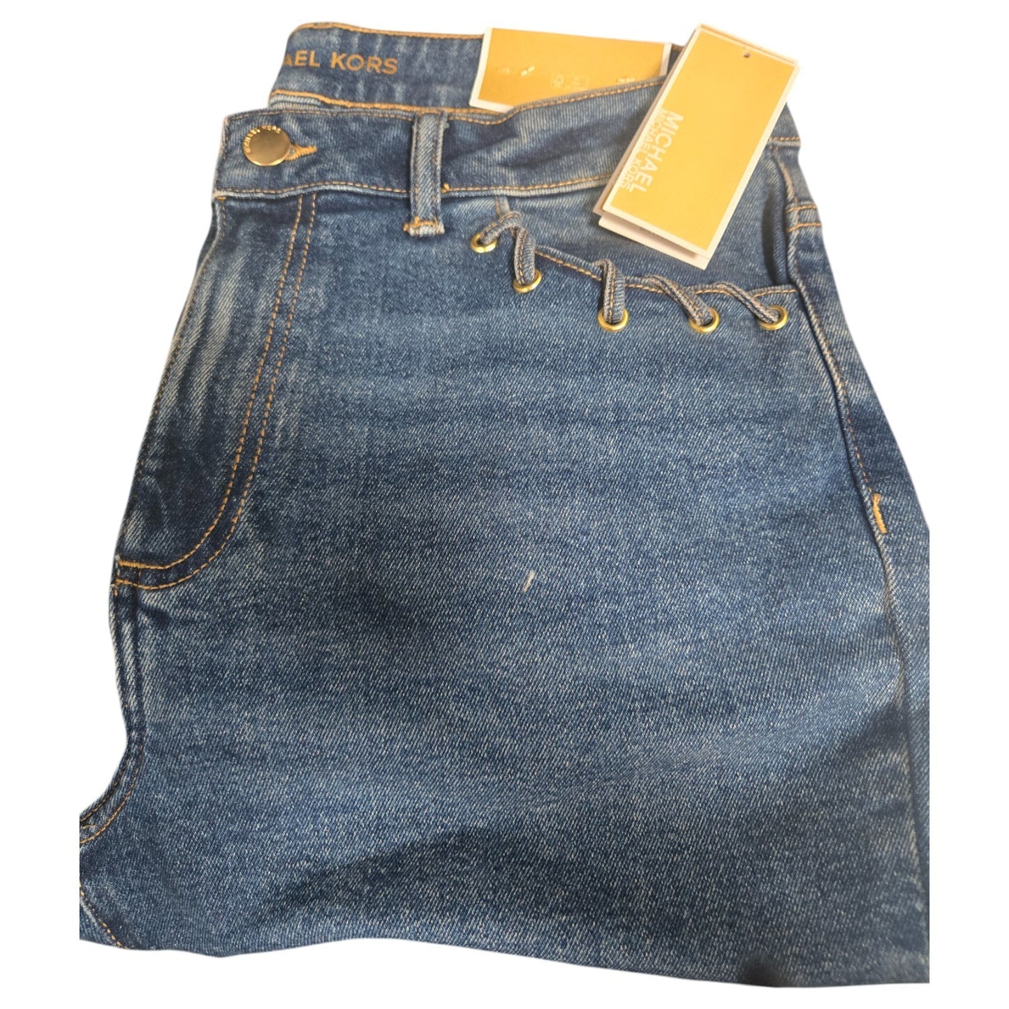 NWT MICHAEL KORS Selma Crop Flare High Rise Jeans | MK logo | Lake Blue Wash