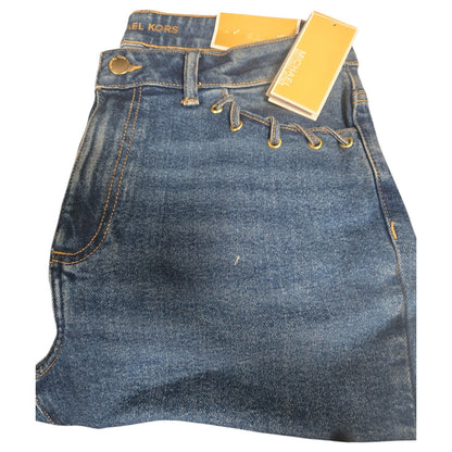 NWT MICHAEL KORS Selma Crop Flare High Rise Jeans | MK logo | Lake Blue Wash