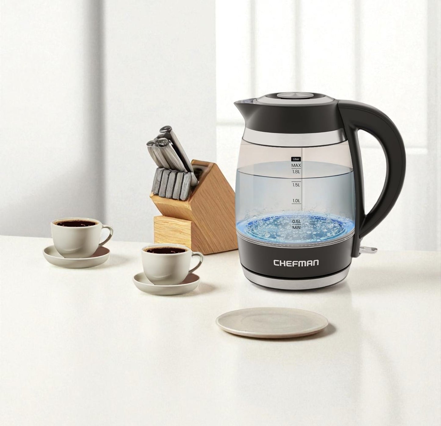 1.8L Electric Kettle, 1500W Fast Boil, Borosilicate Glass, Auto Shutoff,BPA Free