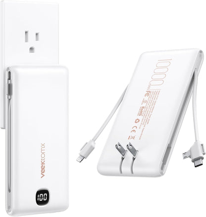 10000mAh Portable Power Bank with Built-in Cables & AC Wall Plug - Ultra Slim