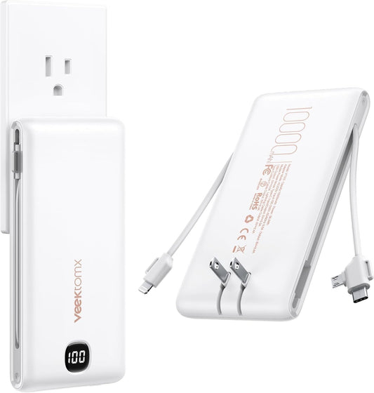 10000mAh Portable Power Bank with Built-in Cables & AC Wall Plug - Ultra Slim
