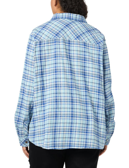 Women's Plaid Flannel Long Sleeve Shirt, Clear Blue Asymetrical Orchard Plaid, L