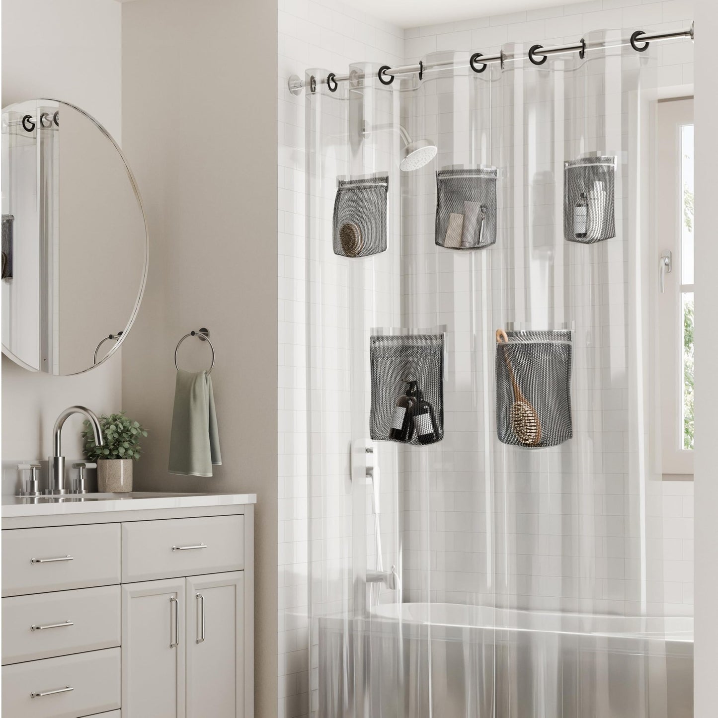 Rubbermaid INSTACURTAIN Hook-Free PEVA Shower Curtain with 5 Mesh Storage Pocket