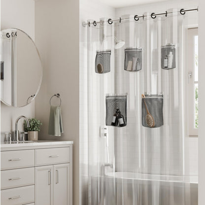 Rubbermaid INSTACURTAIN Hook-Free PEVA Shower Curtain with 5 Mesh Storage Pocket