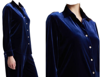 Women's Anne Klein AK Velour Long Sleeve Button Front Dress Shirt | Red, Blue