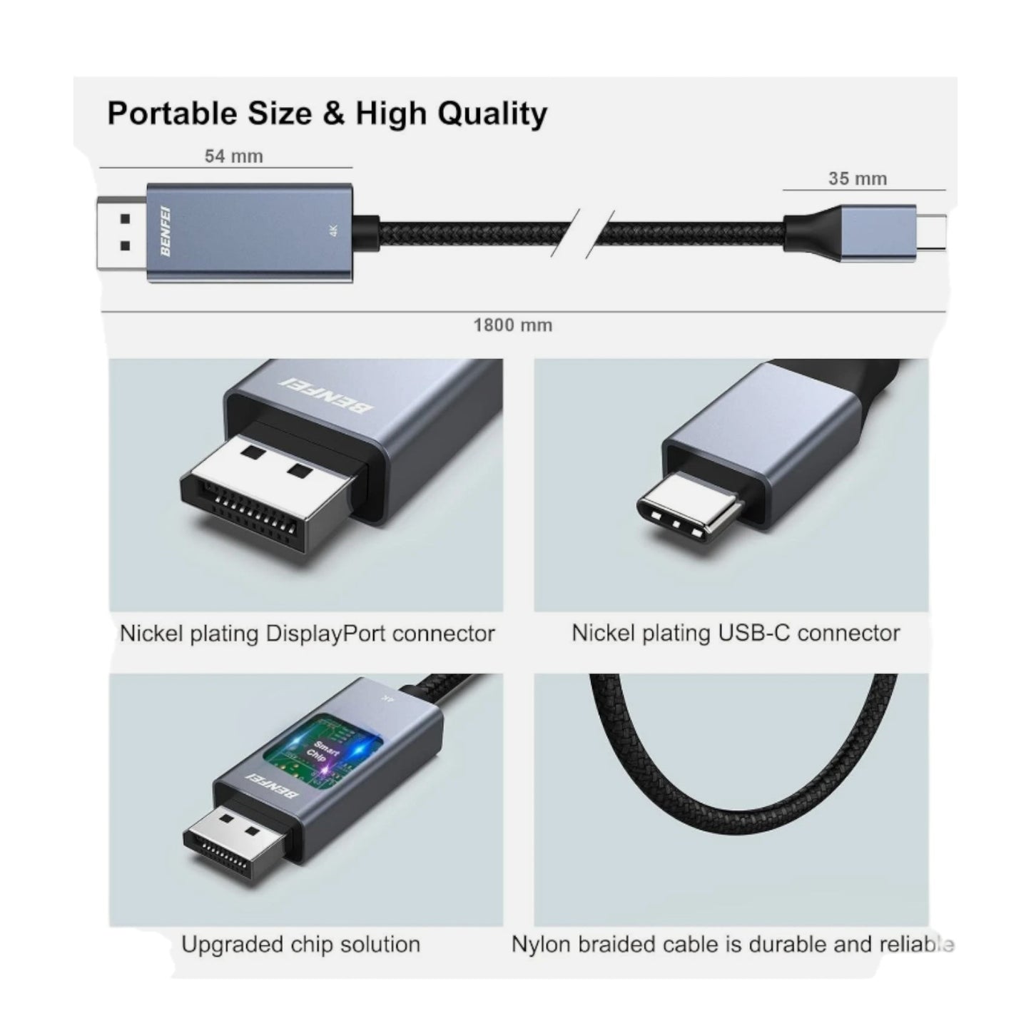 BENFEI USB-C to DisplayPort 6ft 8K@60Hz 4K@144Hz Gray Cable