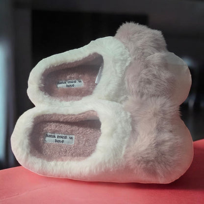 Luna Mellow Luxe Womens Pink & White Furry Slippers w Charm | Sizes S, M, L , XL