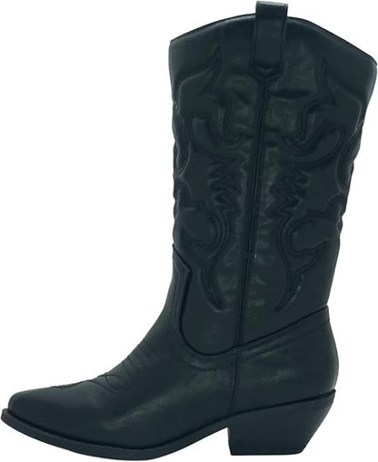 Soda Reno Western Cowgirl Cowboy Pointed Toe Mid Calf Black Boots Women