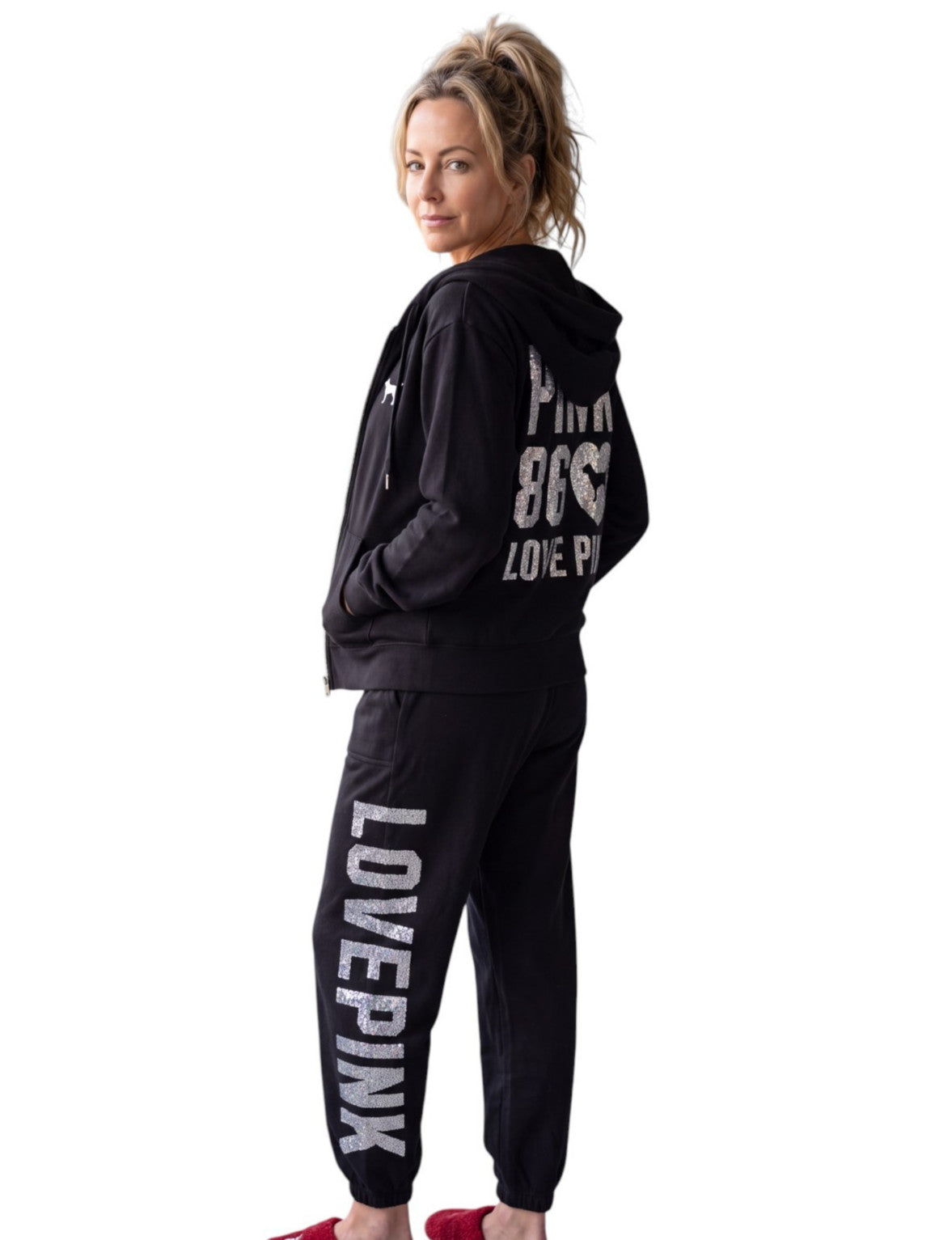 Pink by Victoria's Secret Matching Hoodie and Joggers Black w/ Silver