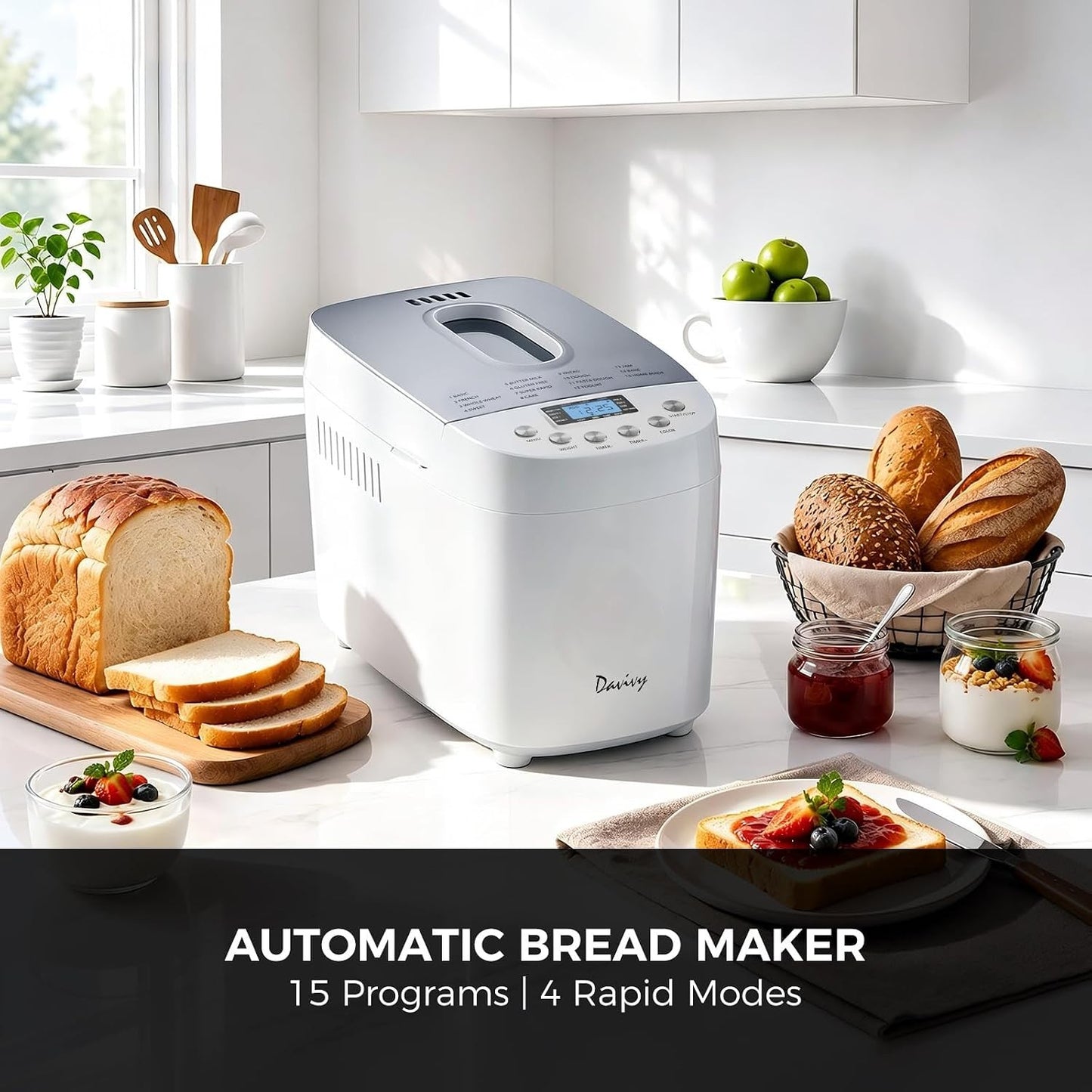Davivy 3.3LBS 15-in-1 Bread Maker Automatic Compact Dough Machine Nonstick White