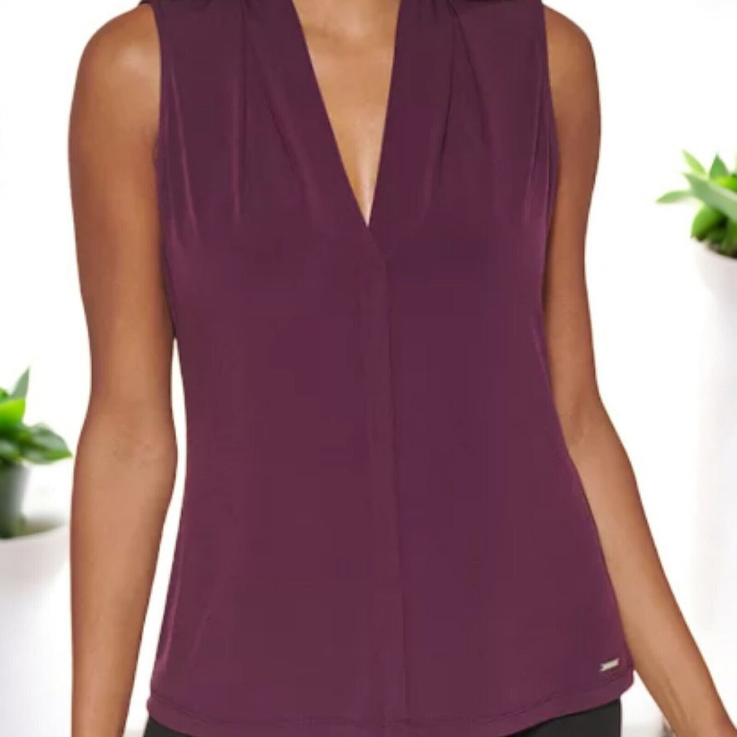 Calvin Klein Gathered V-Neck Sleeveless Top, Aubergine, S/CH/P