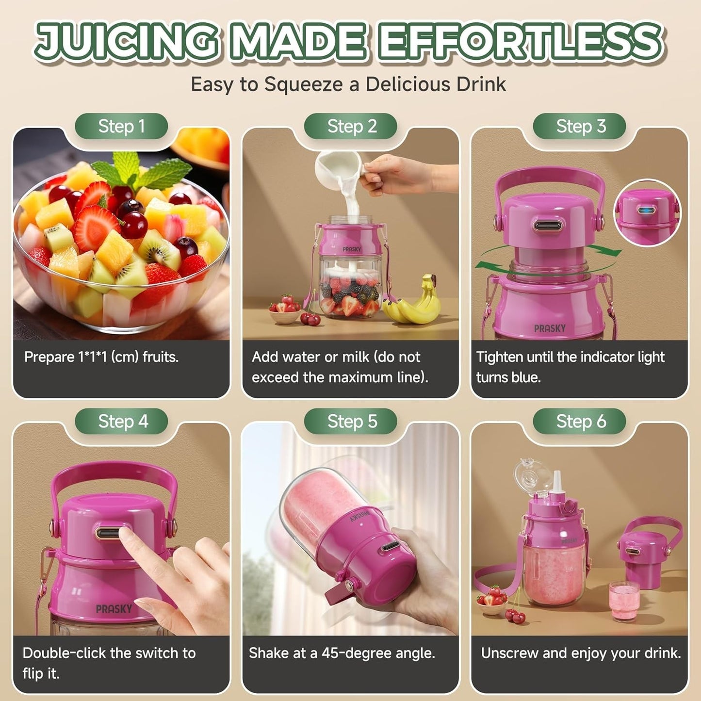 Portable Blender, Prasky Personal Blenders for Shakes and Smoothies with 27oz