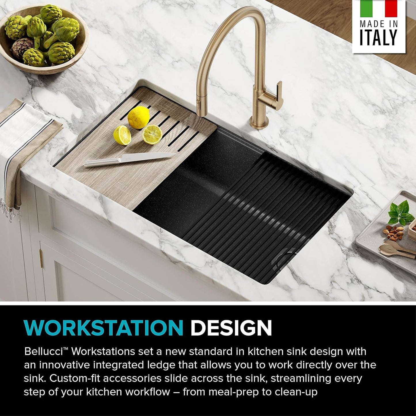 KRAUS Bellucci 32” Undermount Workstation Granite Black Kitchen Sink KGUW2-33MBL