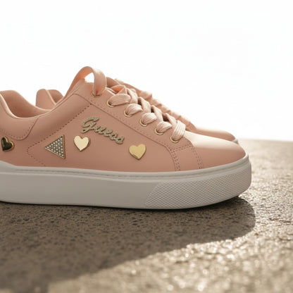 Guess Women's Blush Lace Up Sneakers with Gold & Bling Accents Vapor Rose