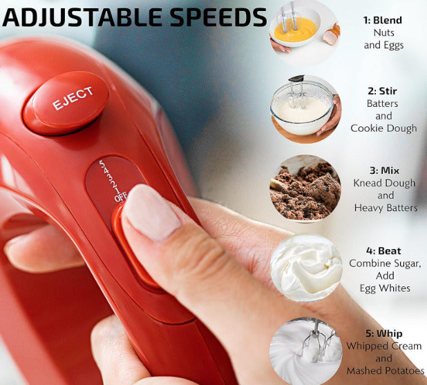 OVENTE Portable 5 Speed Hand Mixer W/ SS Whisk Beaters - Red - No Storage Case