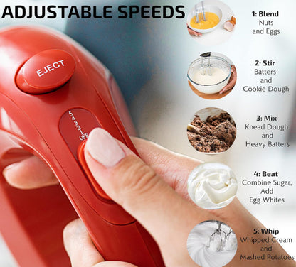 OVENTE Portable 5 Speed Hand Mixer W/ SS Whisk Beaters - Red - No Storage Case