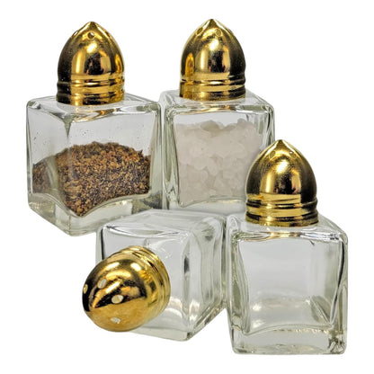 Clear Glass Mini Cube Salt & Pepper Shakers with Gold-tone Tops - 1/2 ounce each