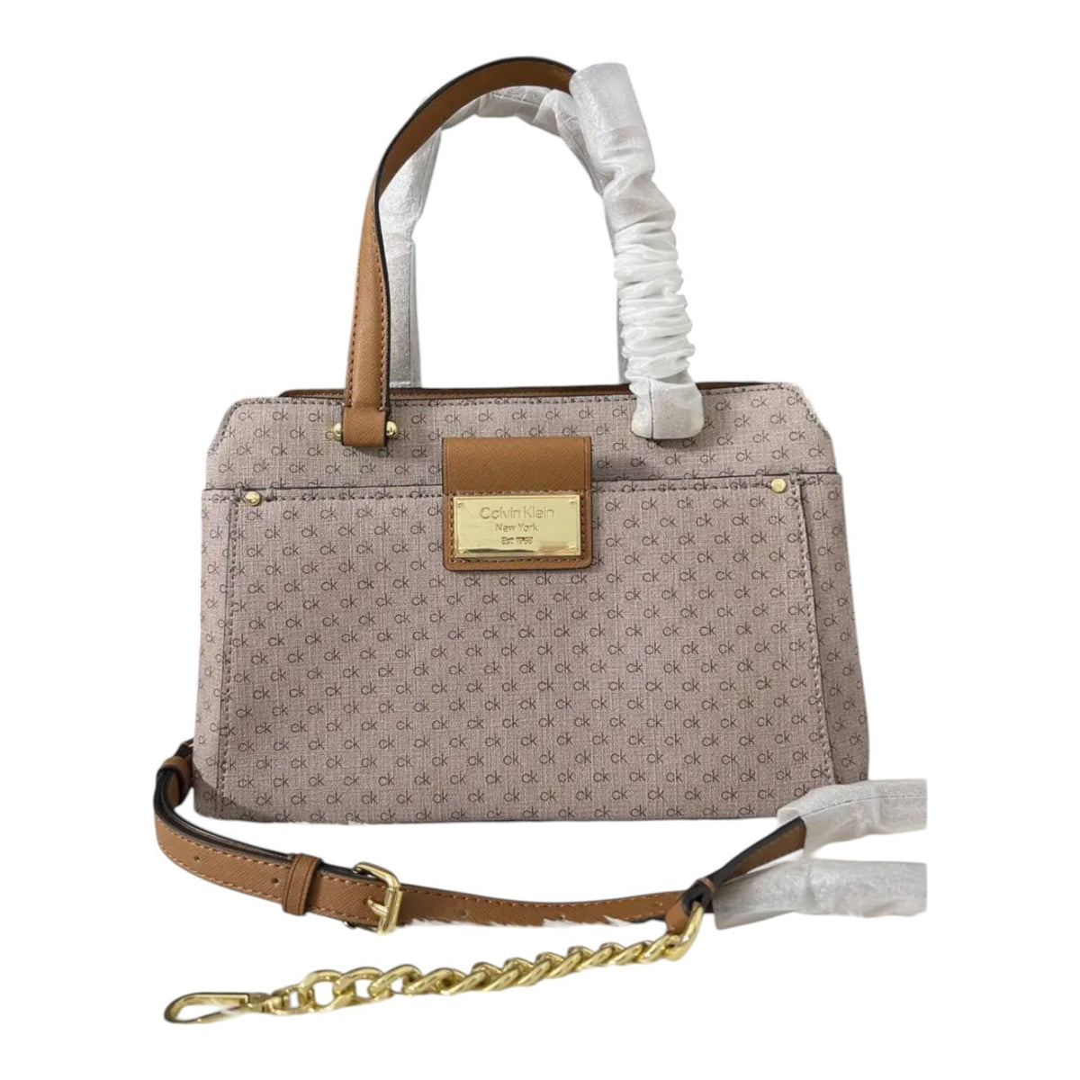 NWT Calvin Klein Women's Triple Compartment Satchel Crossbody Bag Almond/Brown