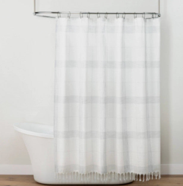 Hearth & Hand Magnolia Sour Cream Faded Blue Plaid String Shower Curtain New