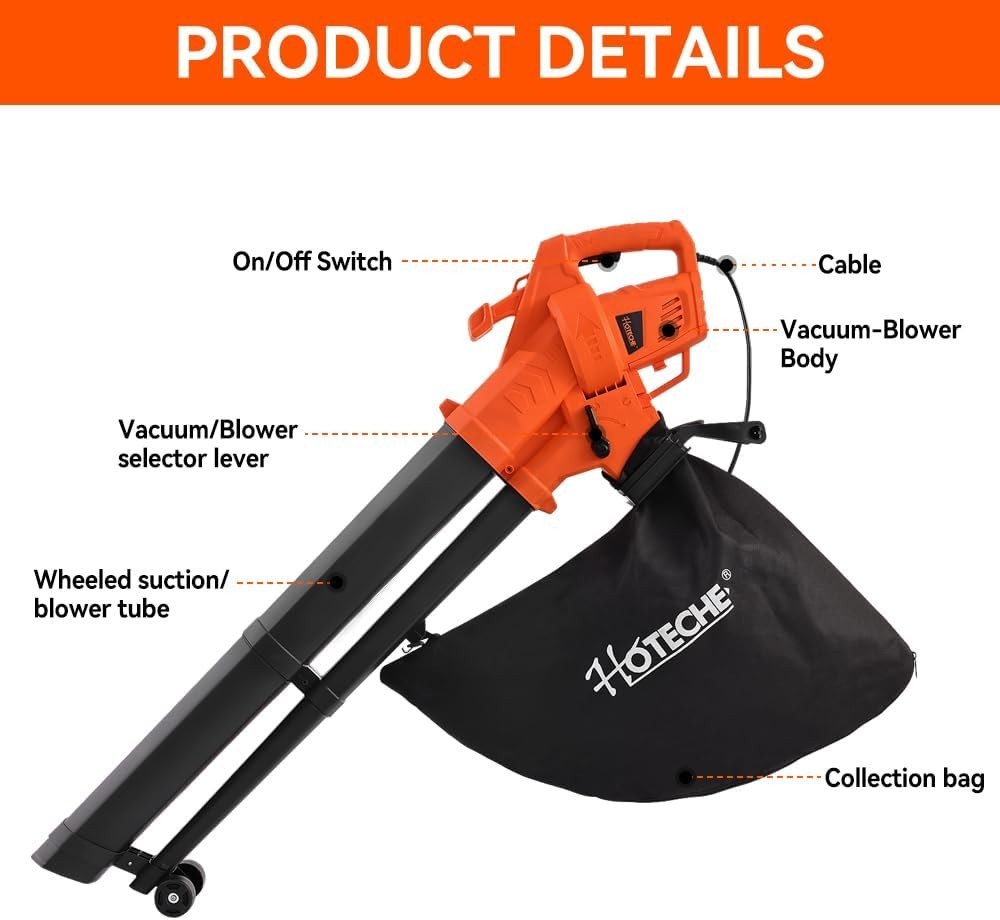 Hoteche 3-in-1 Electric Leaf Vac & Leaf Blower 1800 Watts High-Speed 3-In-1 Cord