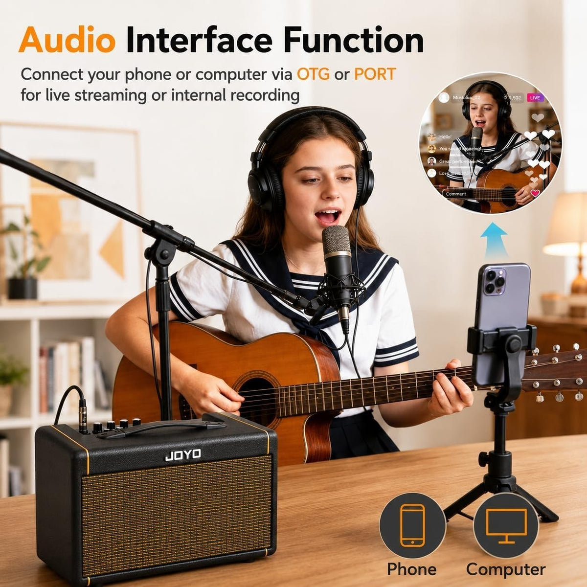 20W Acoustic Guitar Amp Battery-Powered Portable Stereo Amplifier with Blueto...