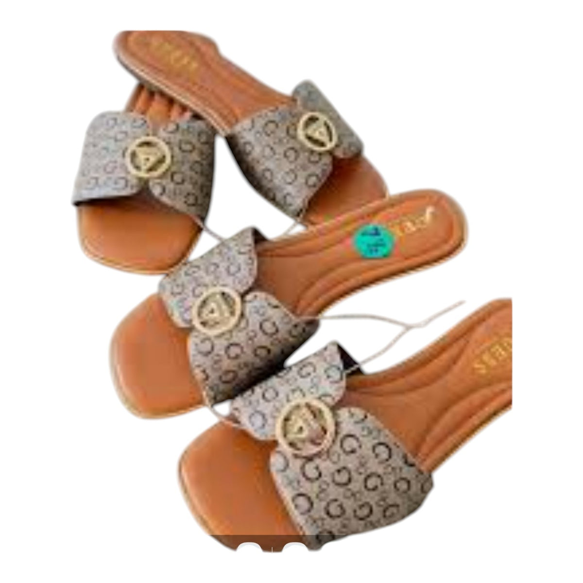 GUESS Women’s Beige Slip-On Flat Slide Sandals Gold Logo