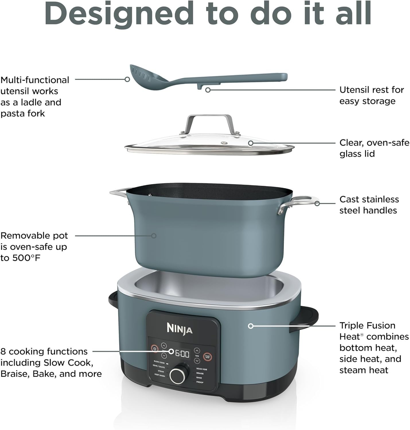 Ninja MC1001 - Foodi PossibleCooker PRO, 8.5qt Multi-Cooker - Sea Salt Grey