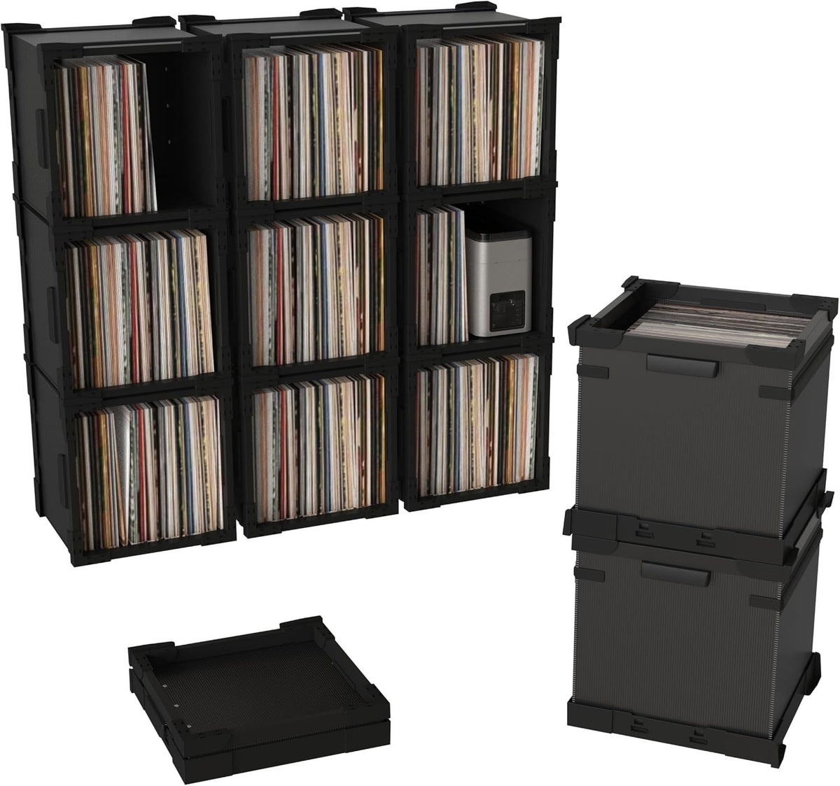 HumminGuru FlexiCube Vinyl Record Storage Box – Stackable Organizer for 12” R...