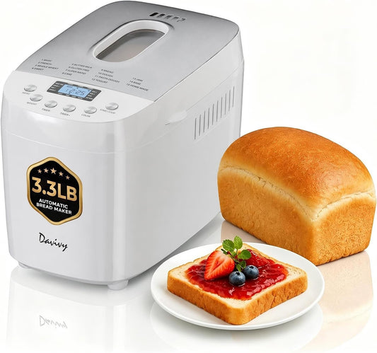 Davivy 3.3LBS 15-in-1 Bread Maker Automatic Compact Dough Machine Nonstick White