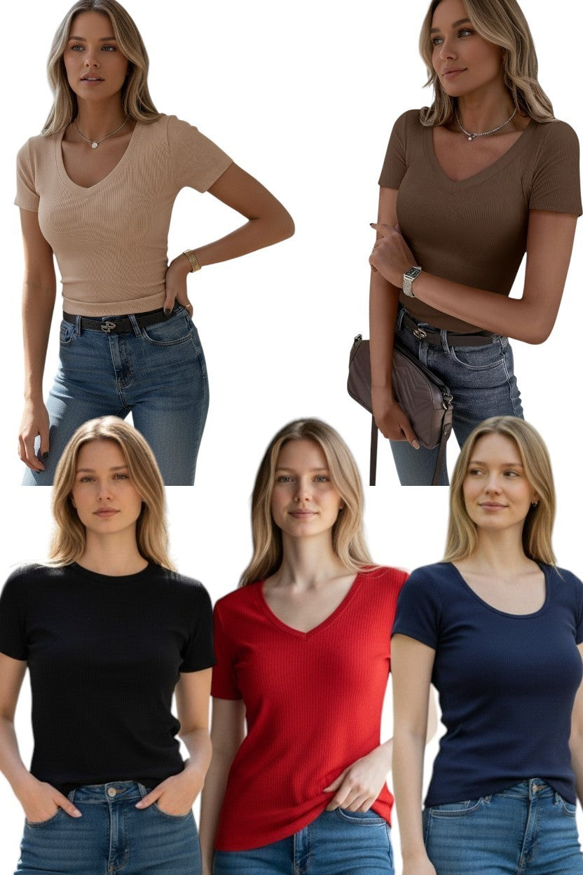 Cyrus Essentials Women Ribbed Short Sleeve Top, V, Scoop, & Crew Neck