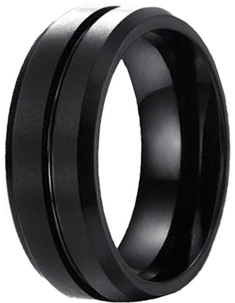 Black Matte Brushed Tungsten Carbide Center Groove Bevel Edge Men's Band