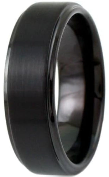 6mm or 8mm Black Tungsten Brushed Stripe Step Edge Band