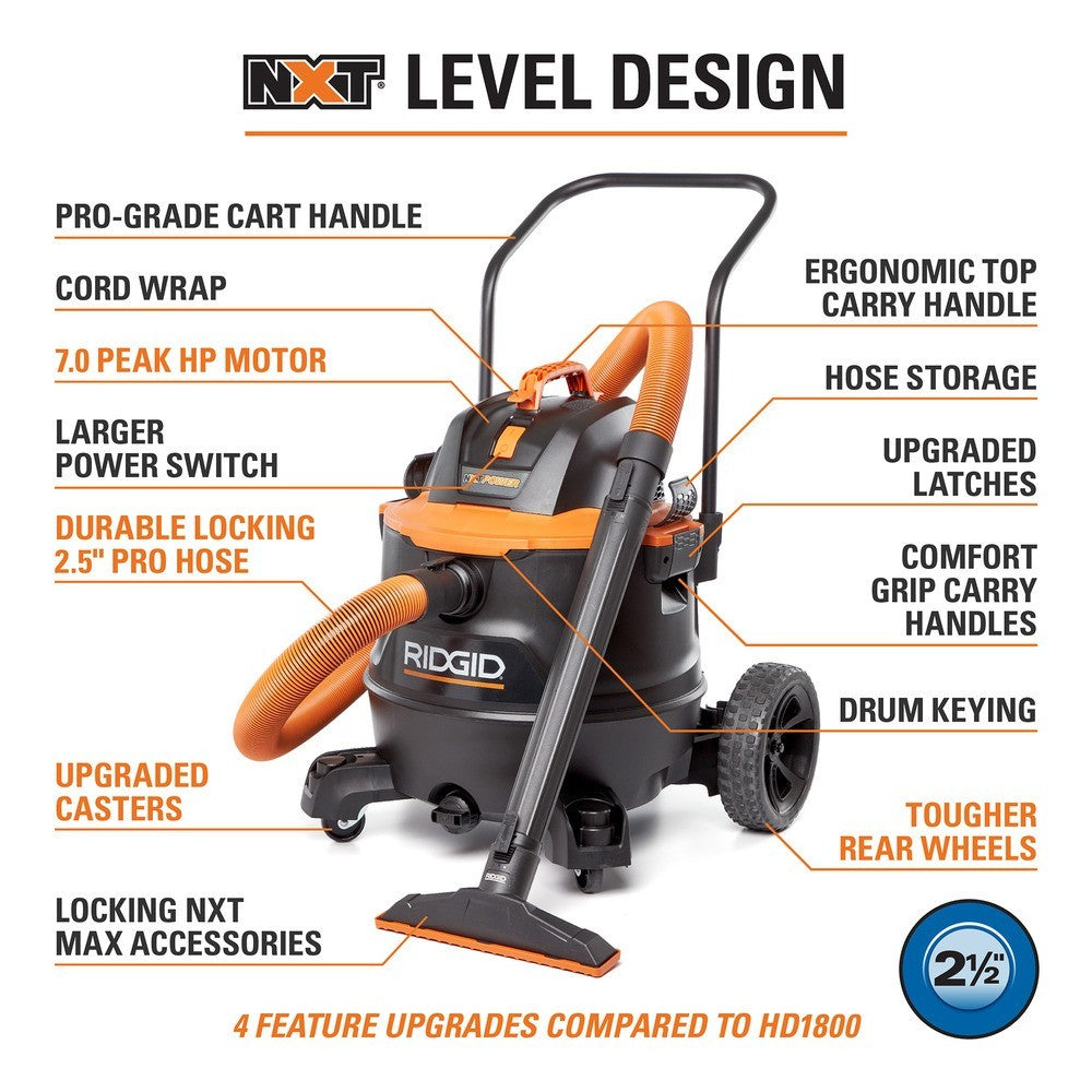 RIDGID 16 Gal. 7.0 Peak HP NXT Power Shop Vacuum w/ Cart, Fine Dust Filter, Hose