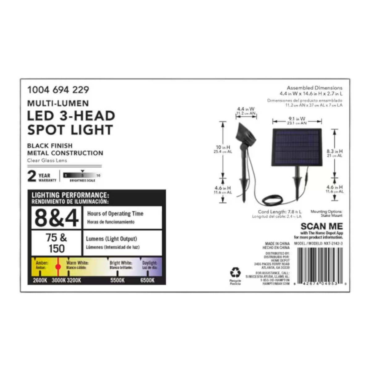 Hampton Bay 75-150 Lumen Black LED High-Low Metal 3-Head Outdoor Solar Spot Ligh
