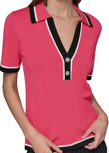 KARL LAGERFELD PARIS Petite Polo-Collar Short-Sleeve Sweater - Size PL