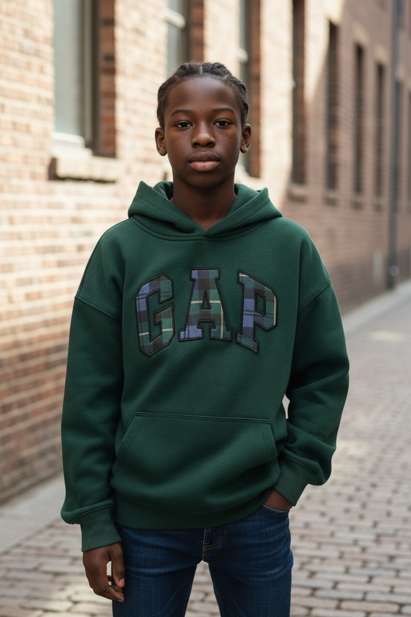 Gap Unisex Kid's Vintage Soft Relaxed Plaid Logo Green Hoodie