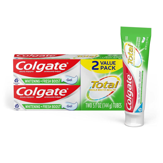 Colgate Total Whitening + Fresh Toothpaste, Mint Toothpaste, 5.1 oz Tube, 2 Pack