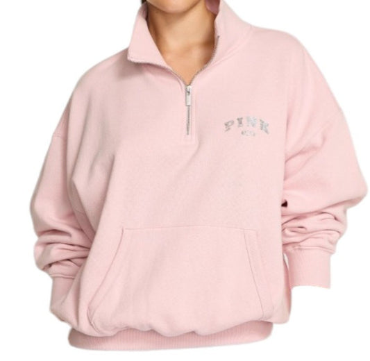 VS PINK Ivy Fleece Quarter-Zip Sweatshirt in Pink Lollipop - Sizes M, L, XL