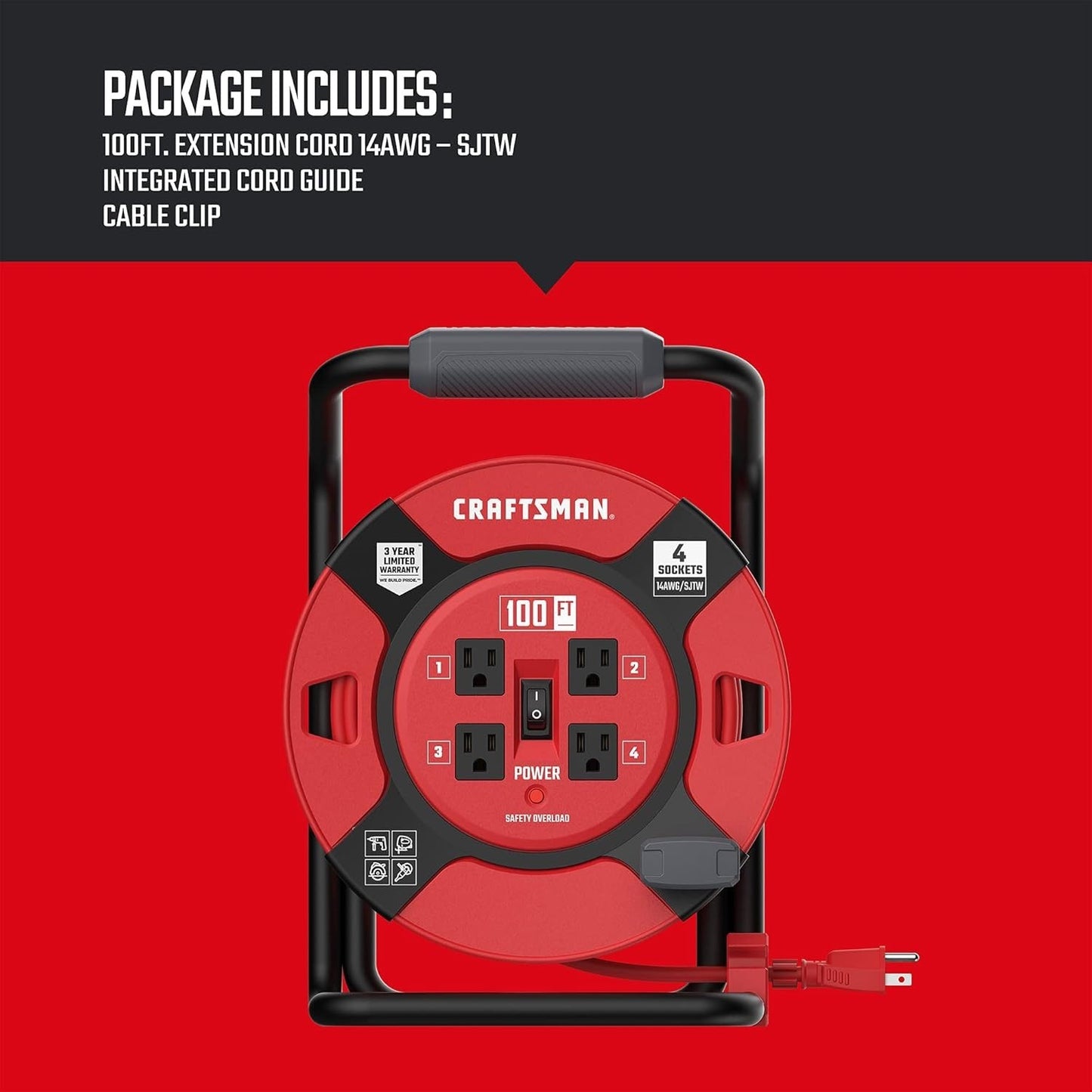 CRAFTSMAN 100 Ft. Retractable Extension Cord Reel With 4 Outlets, NEW