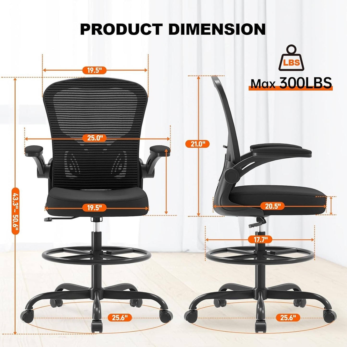 Synorla Ergonomic Drafting Chair, Tall Office Chair with Flip-Up Armrests, Breat